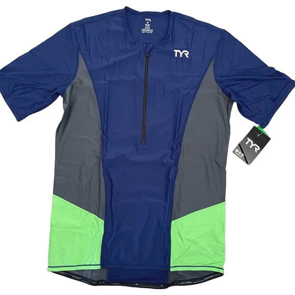 TYR Competitor Mens Short Sleeve Top Shirt - Navy Grey Green - Medium - $60 - Picture 1 of 10